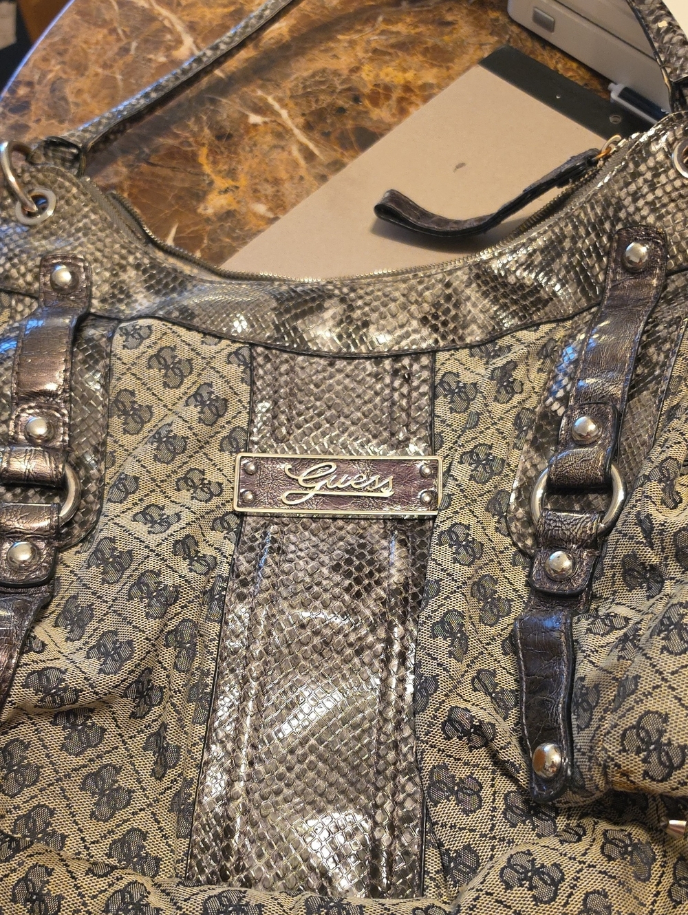 Guess Leopard Print Patent Trim Shoulder Bag in Taupe and Silver